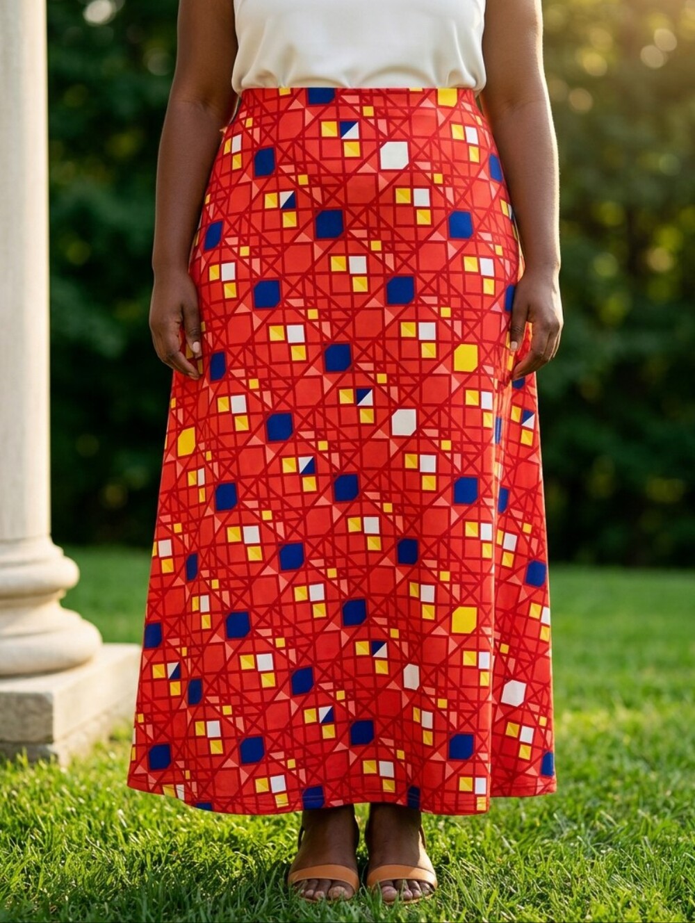 LuLaRoe 2XL Red Geometric Maxi Skirt Plus Size Fold Over Waist Wearable Art Chic